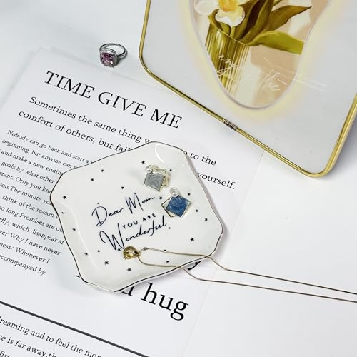 Mothers Day Gifts For Mom Women, Ceramic Ring Dish Holder Jewelry Plate Tray - Dear Mom You Are Wonderful - Birthday, Mother's Day, Christmas for Mom Grandma, Trinket Dish Tray for Vanity Dresser - style: Mom