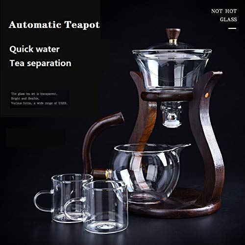 RORA Lazy Kungfu Glass Tea Set Semi Automatic Drip Rotating with Infuser Glass Teapot Set (6 cups) - color: Wooden, size: teapot set