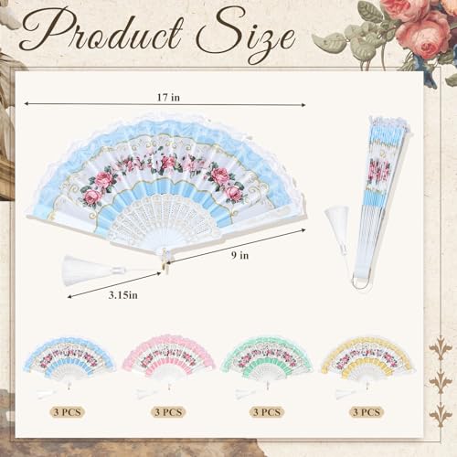 Ecally 12 Pcs Tea Party Favor Floral Folding Hand Fans Gift for Women, Vintage Lace Flower Hand Fans Bulk for Bridal Shower, Wedding, Birthday, Baby Shower, Garden Party Decorations (4 Colors) - color: 4 Colors, size: Tea Flower