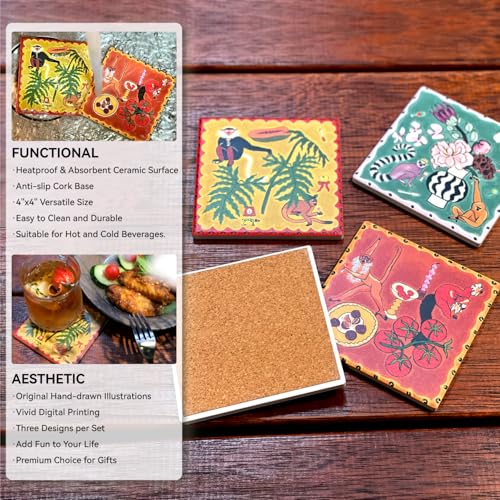 SAMCAM Bar Coasters Set of 6, 4inch Absorbent Drink Coasters with Ceramic Surface and Cork Base, Monkey Theme Art Coaster Set for Bar Cafe Kitchen Decor, Gift for Men, Art Lovers and Housewarming