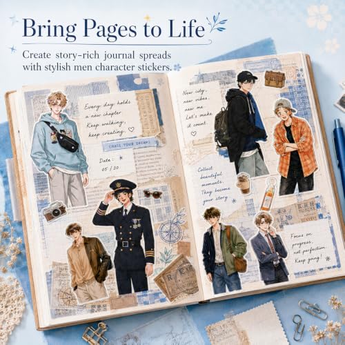 Men Character Sticker Book for Journaling, 50 Sheets PET Stickers - color: 50 Sheets Men Sticker Book
