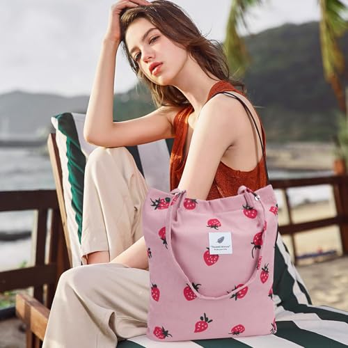 Ayieyill Corduroy Tote Bag for Women Canvas Shoulder Cord Purse with Inner Pocket - color: Pink Strawberry