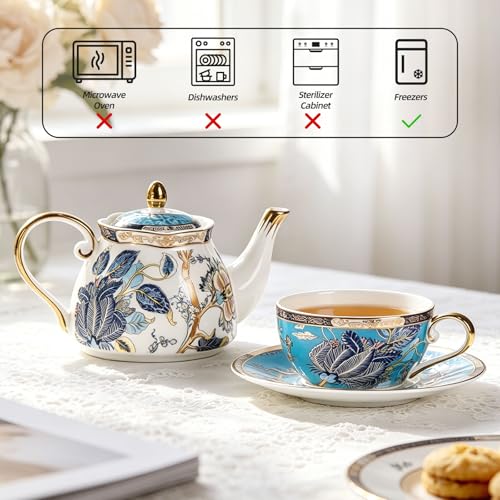 KAMMAK Tea for One Set, Ceramic Teapot, Bone China Tea Set, Cup and Saucer - color: Blue-GH05
