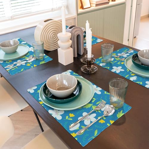 Yellow and White Flowers Placemats Set of 4 12x18 Inch - color: Light Blue, size: Set of 4