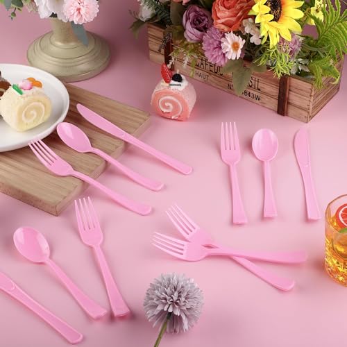 Kochorie 300 Pieces Light Pink Plastic Silverware with Spoons Forks Knives - color: Light Pink