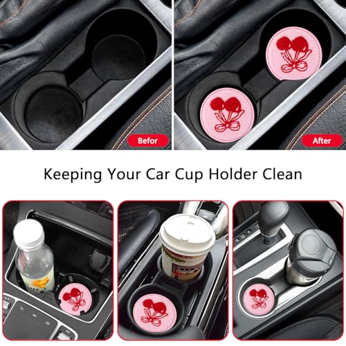 Car Cup Holder Coaster, 2-Pack Drink Coasters for Car Accessories, Car Things Automotive Organization, Desk Use, Men and Women’s Must-Haves, Pink Cherry Felt Inserts Gift for Her - color: Red/Pink