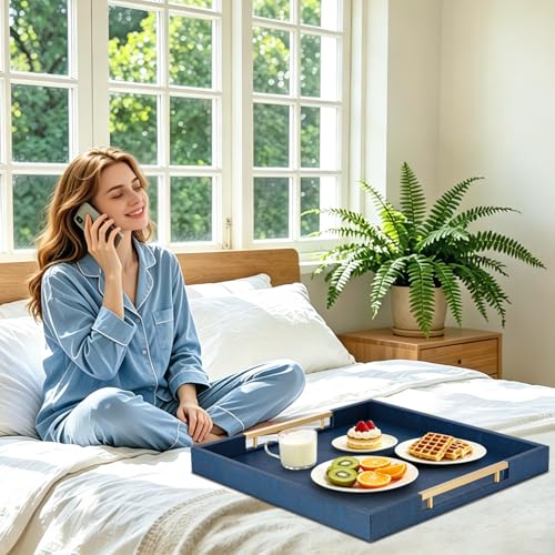 Navy Blue Faux Leather Large Square Decorative Serving Tray with Handles – for Coffee Table, Ottoman, Living Room, Bathroom & Home Decor - color: Blue, size: 20" x 20" x 2"