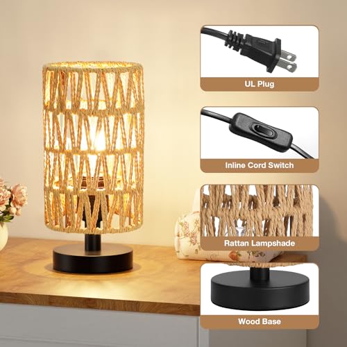 Fenmzee Table Lamps (Rattan Rope Shade - Black Base, 9" Inline Control) - color: Rattan Rope Shade-Black Base