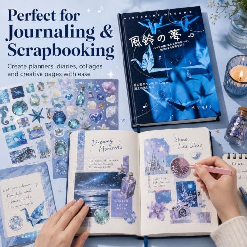 30 Sheets Japanese Aesthetic Sticker Book,Foods Seashells Starfish Patterns for Scrapbooking,Journaling,DIY Crafts Decoration - color: Wind
