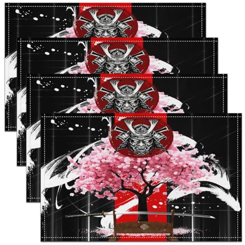 Feelyou Cherry Blossoms Placemats Set Set of 4 18"x12" - color: Pink Black Red