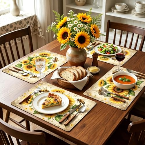 Peacoblue Placemats Set of 4,Faux Leather Sunflower and Bee Design - style: Sunflower and Bee