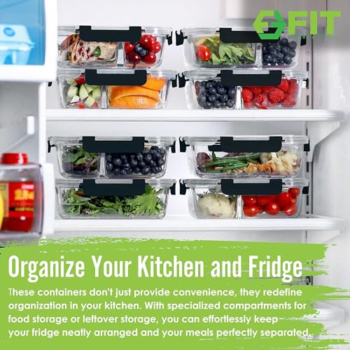 Glass Meal Prep Containers 1 & 2 & 3 Compartments, Airtight, 35 oz, 3 Pack - color: Black (1,2,3 compartment - 3 pack, 35 oz)