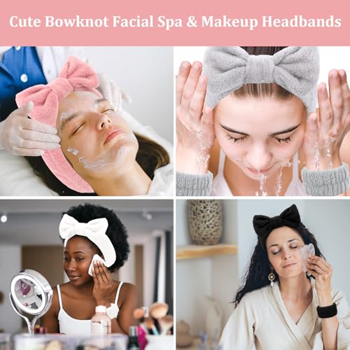 CIEHER 12 PCS Makeup Headband for Women Wrist Washband Scrunchies Cuffs for Washing Face, Soft Bow Hair Band Matching WriMakeup Headband for Women stbands (White, Pink, Grey, Black) - color: White, Pink, Grey, Black