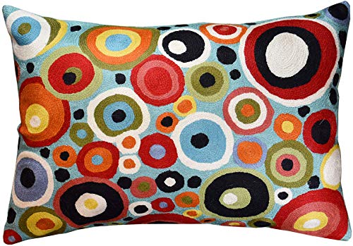 Lumbar Polka Dots Pillow Cover Turquoise Contemporary Decorative Pillowcase Blue Modern Outdoor Chair Cushion Couch Boho Cushions Hand Embroidered Cushions Wool Size - 14x20 - color: Polka Dots Lumbar Pillow Cover