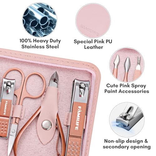 FAMILIFE Manicure Set, Professional Nail Kit Stainless Steel Nail Clipper Set, 13PCS Beauty Tools Manicure Kit Pedicure Tools, with Portable Pink Leather Travel Case for Her - color: Pink