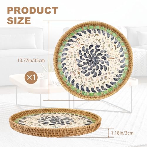 13.7" Decorative Round Rattan Tray with Mother of Pearl, Hand-Woven Wicker Serving Tray, Boho Rattan Basket Platter for Fruit Bread Coffee Counter Dessert Kitchen - color: Large