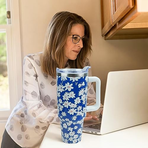 Daisy Tumbler 40 oz Tumbler with Handle Straw Lid Leak Proof - color: Blue Daisy