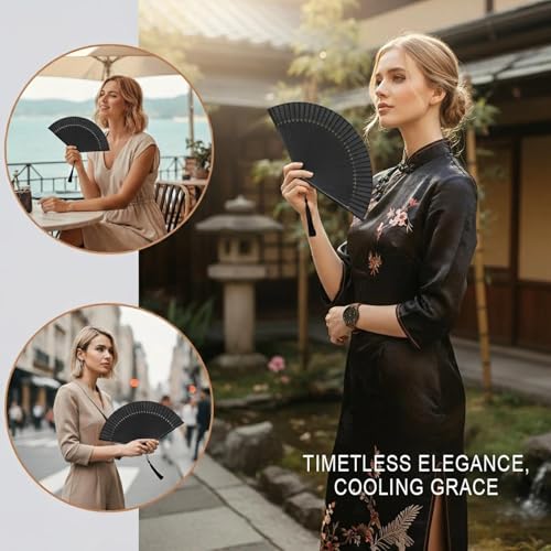 Lysa Hand Fan for Women Foldable - Portable Folding Japanese Chinese Fan - for Hot Flashes, Summer Cooling, Festivals, Church, Dancing (Solid Black) - color: Solid Black