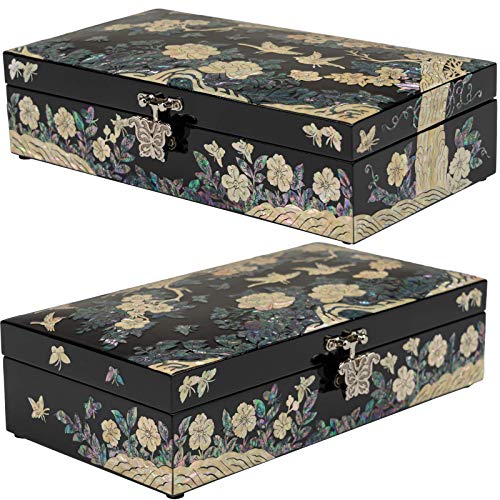 February Mountain Mother of Pearl Large Jewelry Box with Ring Tray - Handmade Unique Gifts for Women - Abalone Shell Keepsake Decorative Box - style: Plum Blossom