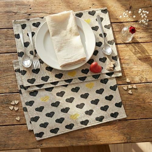 DaDa Bedding Woven Tapestry Heart Placemats – Set of 4 – Black & Gold Heart Pattern Table Mats for Dining Room – Rustic Farmhouse Valentine’s Day Decor & Everyday Kitchen Table Setting – 13" x 19" - color: Black, Yellow, White
