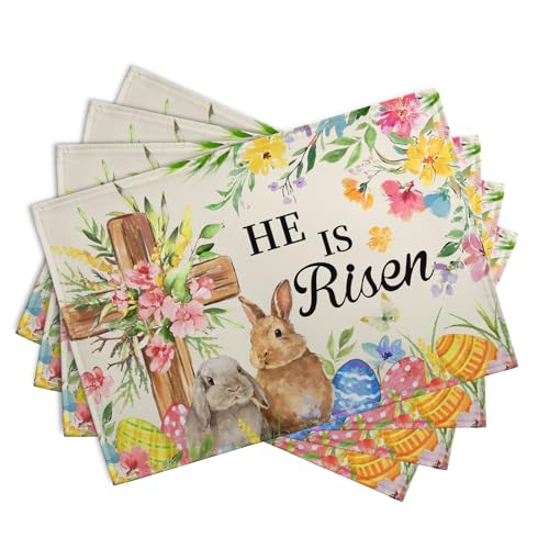 He is Risen Easter Placemats Set of 4 12x18 Inch Bunny Floral Cross Table Mats Spring Rabbit Flowers Eggs Place Mat for Dining Table Party Kitchen Decoration - color: Easter Floral Cross