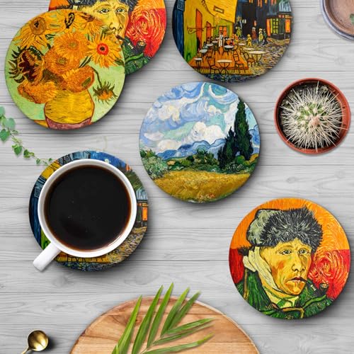 Coasters for Drinks, Set of 6, Ceramic Stone Painting Cafe House - color: Painting Oil