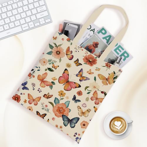 Louise Maelys Butterfly Floral Canvas Tote Bag For Women with Zipper Pocket - style: Butterfly Flower