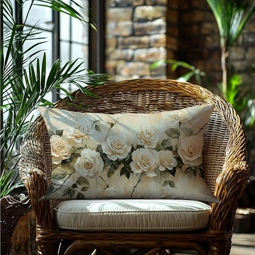 French Country Rose Floral Pillow Cover 12x20 Double-Sided, Vintage Cream Flower Decorative Lumbar Throw Pillow Cover for Home Bedroom Living Room - color: A-rose-3, size: 20" x 12" (Pack of 1)