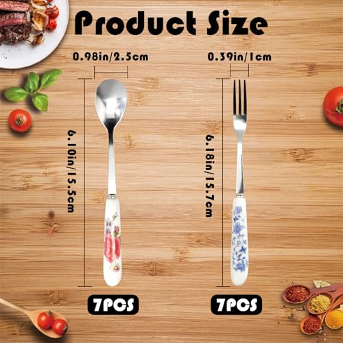 14Pcs Stainless Steel Spoons and Forks, IEMIEBSHA Floral Coffee Dessert Ice Cream Spoons with Ceramics Handle, Small Tableware Set Kitchen Set for Tea Party Coffee Bar Home Supplies