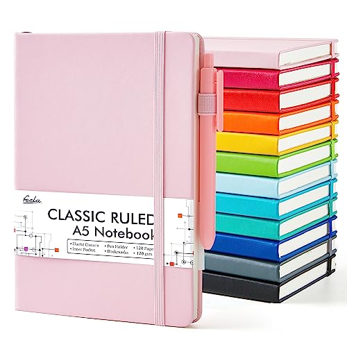 feela Notebooks Journals Bulk, Hardcover Notebook Classic Ruled Journal Set with Pen Holder for School Business Work Travel Writing, with 12 Black Pens, 120 GSM, 5.1”x8.3”, 12 Pack, A5, Solid Colors - color: 12 Solid Colors