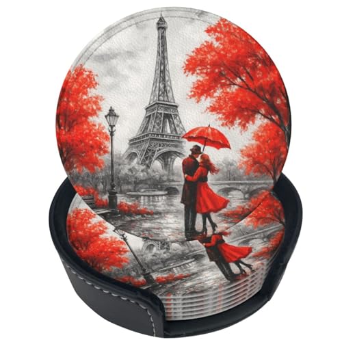 6 Pcs Leather Coasters for Drinks with Holder Red Eiffel Lovers Paris Coaster Sets Drink Table Cup Coasters for Kitchen Coffee Decor - color: Red Eiffel Tower Lovers