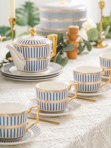 CwlwGO-Bone China Tea Cup Set of 4, Cup and Saucer Sets Service for 4 with 24 Ounces Teapot,Sugar Bowl,Creamer Pitcher,Elegant British Tea Cups for Tea Party,Gifts Box. - color: White and Blue