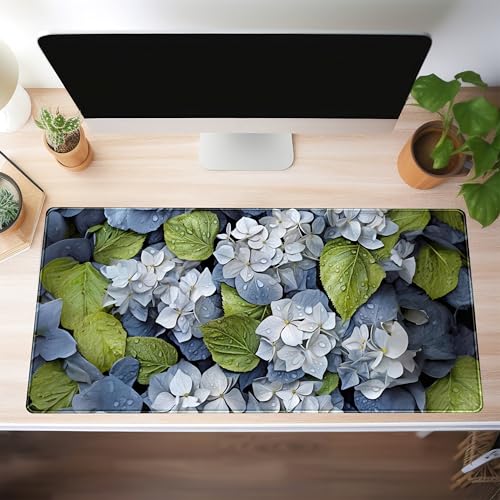 Large Desk Mat Hydrangea Floral Extended Gaming Mouse Pad, Keyboard Mouse Mat for Office & Home, Cottagecore Desk Pad XXL Computer Desktop Pad, Office Desk Accessories for Women 31.5×15.7 Inch - color: Blue and White Hydrangea