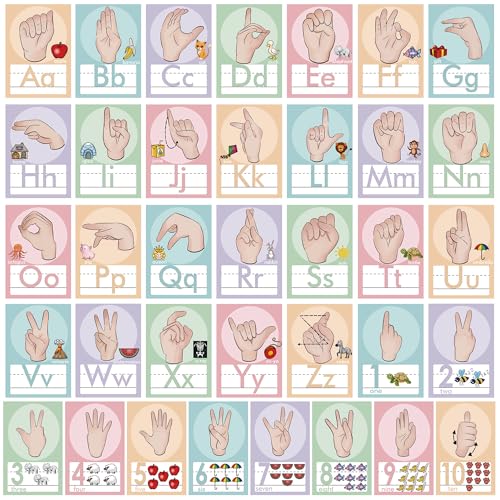 YIYDONG 36 Pieces ASL Alphabet Line Bulletin Board Set ABC Number Sign Language Flash Cards Wall Decorations for Pre-School Kindergarten Elementary Classroom Nursery Homeschool (Soft Tones) - color: Soft Tones