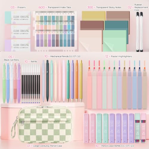 WOBAGMEN 62PCS Aesthetic Stationery Set with Corduroy Pencil Case, Pastel Highlighters Gel Pens Mechanical Pencils, Cute College Daily Essentials Set（Green Gingham） - color: Green Gingham