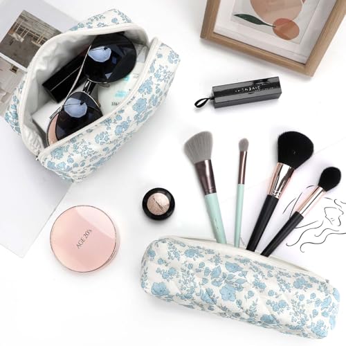 EIMMBD Makeup Bag 3 Pieces Large Capacity Cosmetic Bag Travel Toiletry Bag Organizer Cute Makeup Bag Pouch Storage Bag for Women(Blue White) - color: Blue White