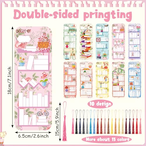 100 Pcs Book Tracker Bookmarks with 100 Tassels Bookshelf Design Reading Page Markers Double Sided Bookmarks Gifts for Book Lovers Book Club Gifts