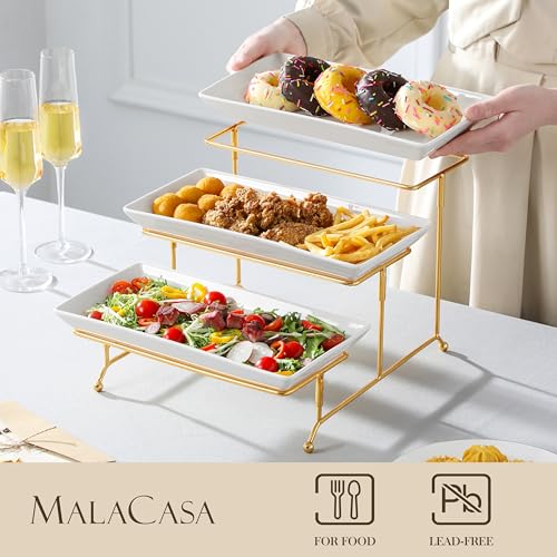 MALACASA 3 Tier Serving Trays for Party, 12 Inch Porcelain White Trays for Serving Food, Dessert Stand with Collapsible Gold Metal Rack - color: White Gold, size: 12 Inch
