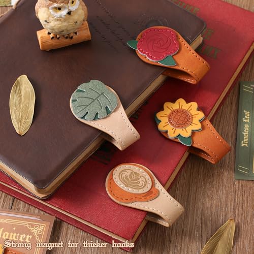 4PCS Vintage Magnetic Leather Bookmark, Leather Magnetic Bookmarks for Women, Magnetic PU Bookmarks Clip Book Accessories - style: Mix