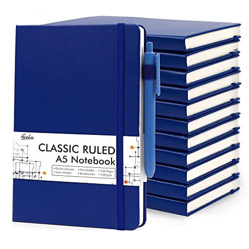 12 Pack Notebooks Journals Bulk with 12 Black Pens, Feela A5 Hardcover Notebook Classic Ruled Journal Set with Pen Holder for School Business Work Travel Writing, 120 GSM, 5.1”x8.3”, Navy - color: 12 Pack navy