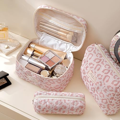 HBselect Quilted Makeup Bag, 3Pcs Cotton Large Travel Makeup Bags Organizer - color: A-3PCS-Floral 29