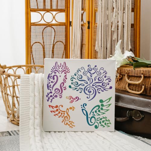 MAYJOYDIY Musical Bird Stencils 11.8×11.8inch Large Music Note Bird Painting Stencils with Paint Brush Artistic Peacock Drawing Template for Wood Wall Furniture Canvas Decor - color: Musical Bird