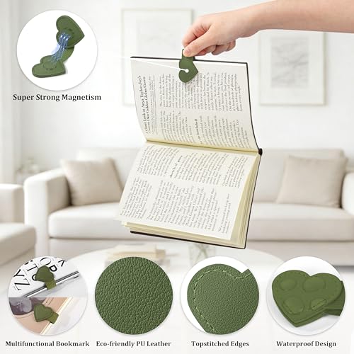 2Pcs Magnetic Leather Bookmarks with Pen Holder Gift Box, Heart-Shaped Magnetic Book Marks for Book Lover Readers Cute Leather Bookmark for Women Girls (Dark Green) - color: Dark Green