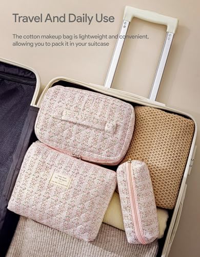 HBselect Quilted Makeup Bag, 3Pcs Cotton Large Travel Makeup Bags Organizer - color: A-3PCS-Floral 16