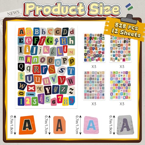 828PCS Letter Stickers for Scrapbooking,12Sheets Magazine Alphabet Stickers