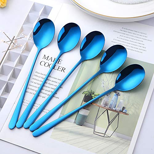 Buyer Star 5-pieces Blue Dinner Table Spoons 8-Inch Stainless Steel Metal Korean Soup Spoons - color: Blue