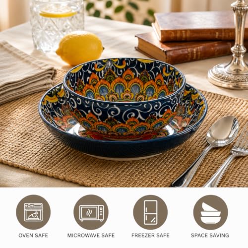 Cereal Bowls Set of 6, Bohemian Ceramic Soup Bowls, 28 oz Colorful Bowls Set for Kitchen, Dishwasher & Microwave Safe for Salad, Pasta, Rice, Oatmeal, Fruit