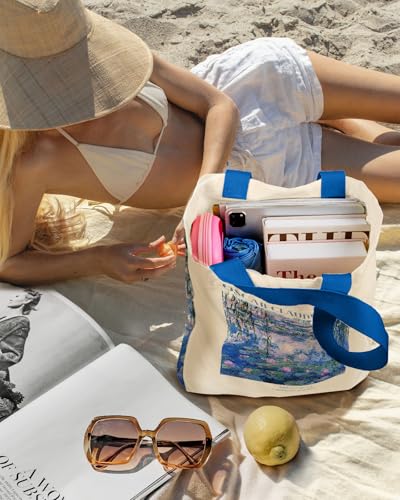 Miss Adola Aesthetic Heavy Canvas Tote Bag - with Pocket for Women Large Size 14''×16''×3.5'' Cloth Cotton Bags for Shopping - color: Water Lily