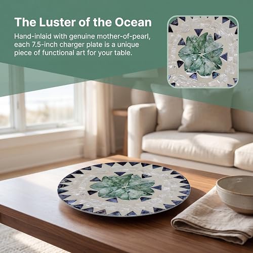7.5" Mother of Pearl Shell Placemat, Round Decorative Charger Plate - color: Toothed green leaves