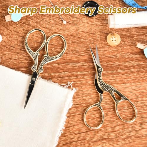 AQUEENLY Embroidery Scissors, Stainless Steel Sharp Stork Scissors for Sewing Crafting, Art Work, Threading, Needlework - DIY Tools Dressmaker Small Shears - 2 Pcs (3.6 Inches, Gold) - color: Gold